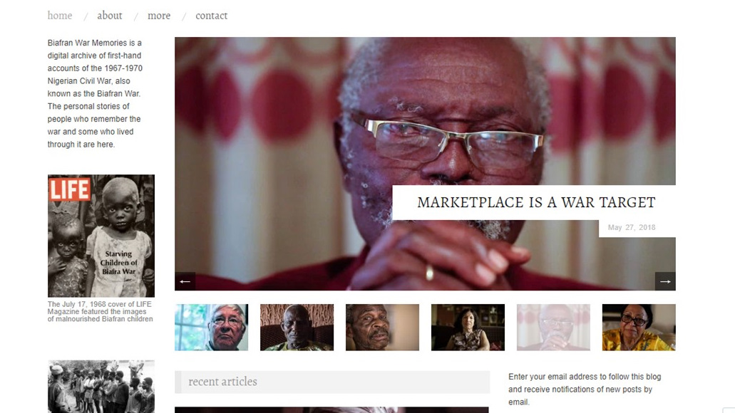 Screenshots of the website 'biafranwarmemories.com'.